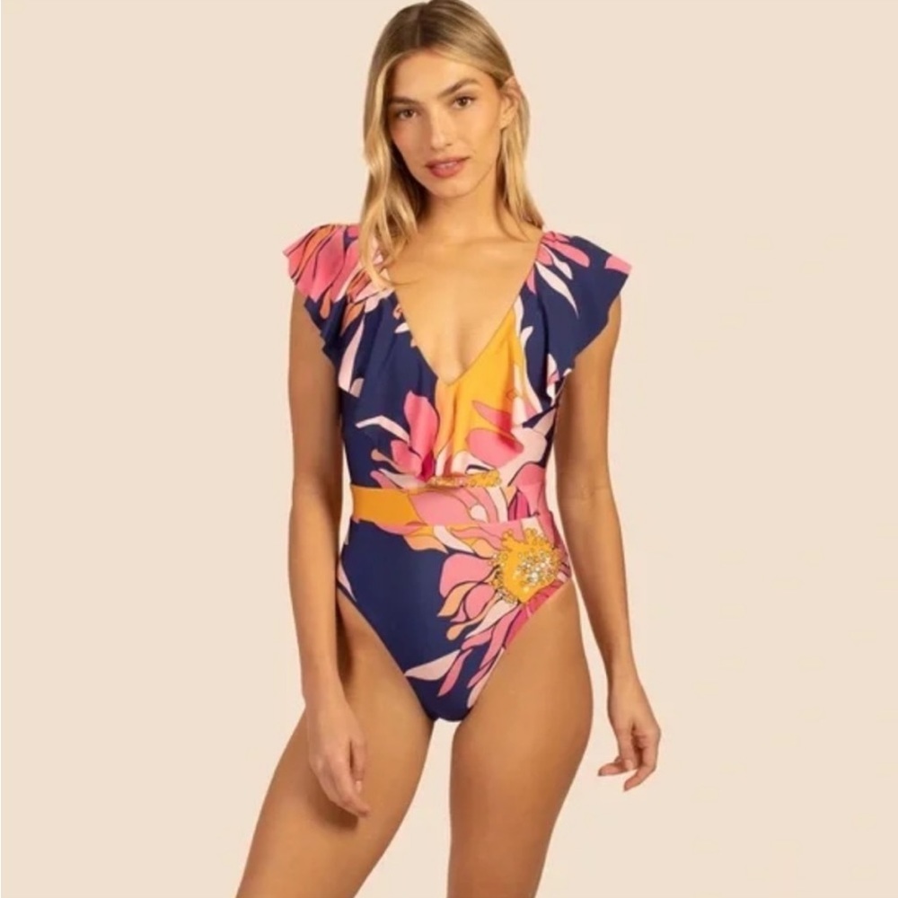 NWT Trina Turk One Piece Breeze Maillot Floral Ruffle Swimsuit‎ Size 10